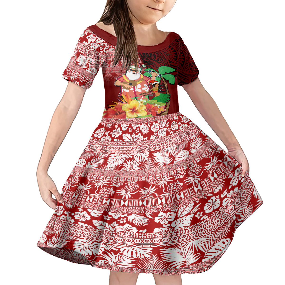 Hawaii Mele Kalikimaka Family Matching Off Shoulder Maxi Dress and Hawaiian Shirt Santa Claus and Hula Girl Tropical Folwer with Hawaiian Pattern LT03 Daughter's Dress Red - Polynesian Pride