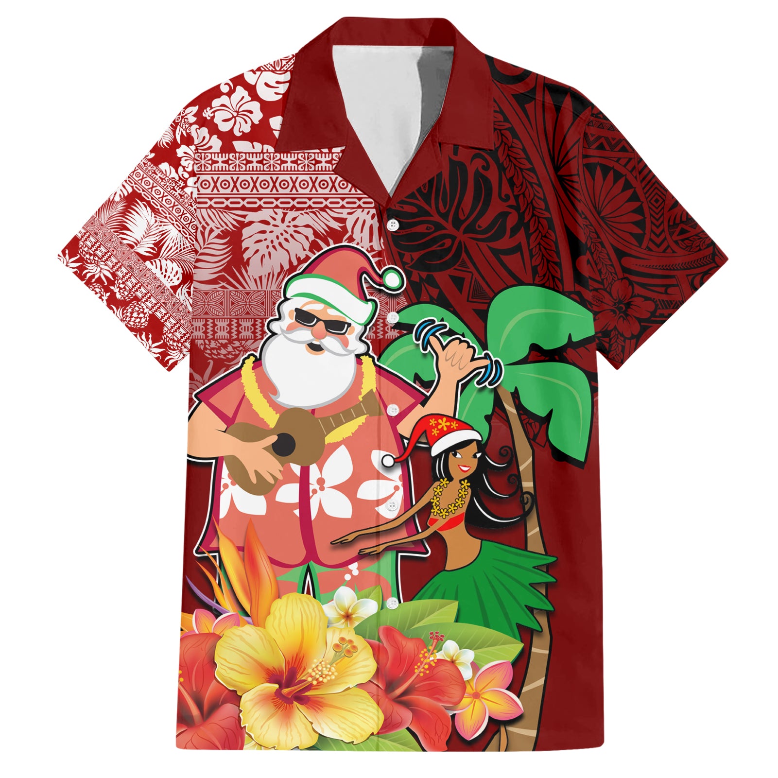 Hawaii Mele Kalikimaka Hawaiian Shirt Santa Claus and Hula Girl Tropical Folwer with Hawaiian Pattern LT03 Red - Polynesian Pride