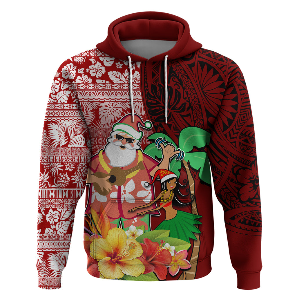 Hawaii Mele Kalikimaka Hoodie Santa Claus and Hula Girl Tropical Folwer with Hawaiian Pattern LT03 Pullover Hoodie Red - Polynesian Pride