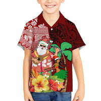 Hawaii Mele Kalikimaka Kid Hawaiian Shirt Santa Claus and Hula Girl Tropical Folwer with Hawaiian Pattern LT03 Kid Red - Polynesian Pride