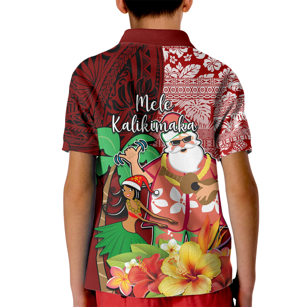 Hawaii Mele Kalikimaka Kid Polo Shirt Santa Claus and Hula Girl Tropical Folwer with Hawaiian Pattern LT03 - Polynesian Pride