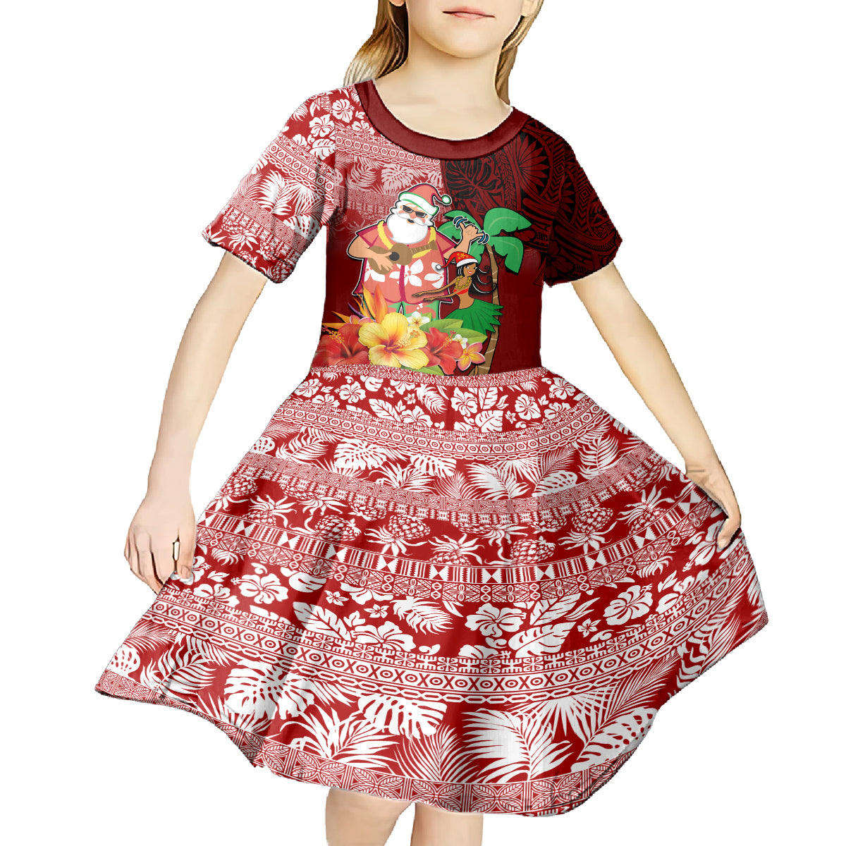 Hawaii Mele Kalikimaka Kid Short Sleeve Dress Santa Claus and Hula Girl Tropical Folwer with Hawaiian Pattern LT03 - Polynesian Pride