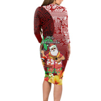 Hawaii Mele Kalikimaka Long Sleeve Bodycon Dress Santa Claus and Hula Girl Tropical Folwer with Hawaiian Pattern LT03 - Polynesian Pride