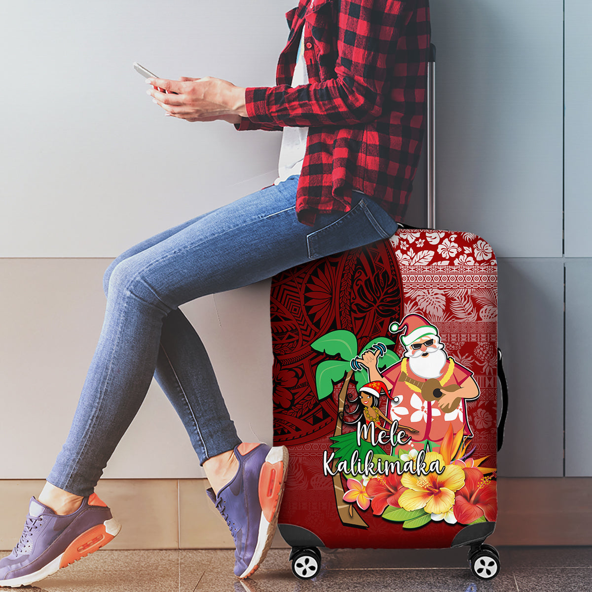Hawaii Mele Kalikimaka Luggage Cover Santa Claus and Hula Girl Tropical Folwer with Hawaiian Pattern LT03 - Polynesian Pride
