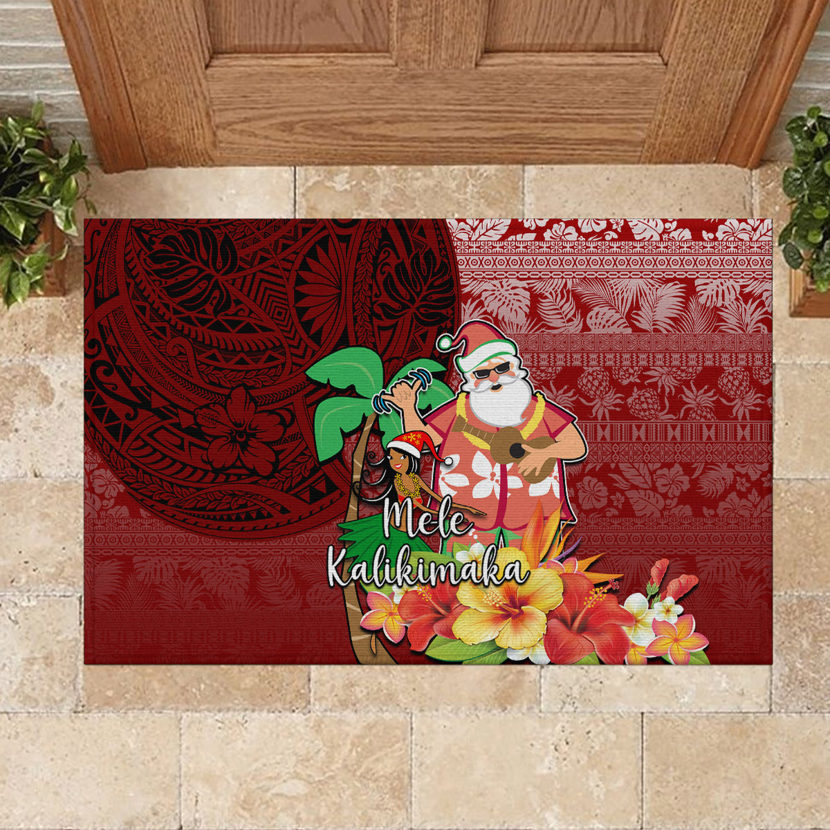Hawaii Mele Kalikimaka Rubber Doormat Santa Claus and Hula Girl Tropical Folwer with Hawaiian Pattern LT03 - Polynesian Pride