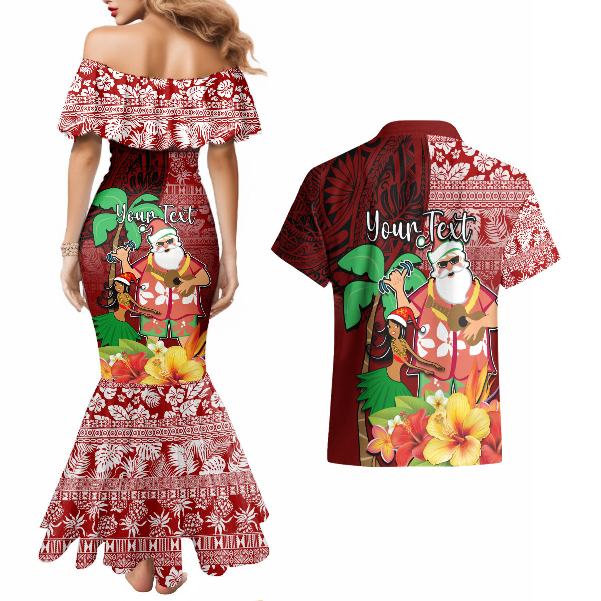 Custom Hawaii Mele Kalikimaka Couples Matching Mermaid Dress and Hawaiian Shirt Santa Claus and Hula Girl Tropical Folwer with Hawaiian Pattern LT03 - Polynesian Pride