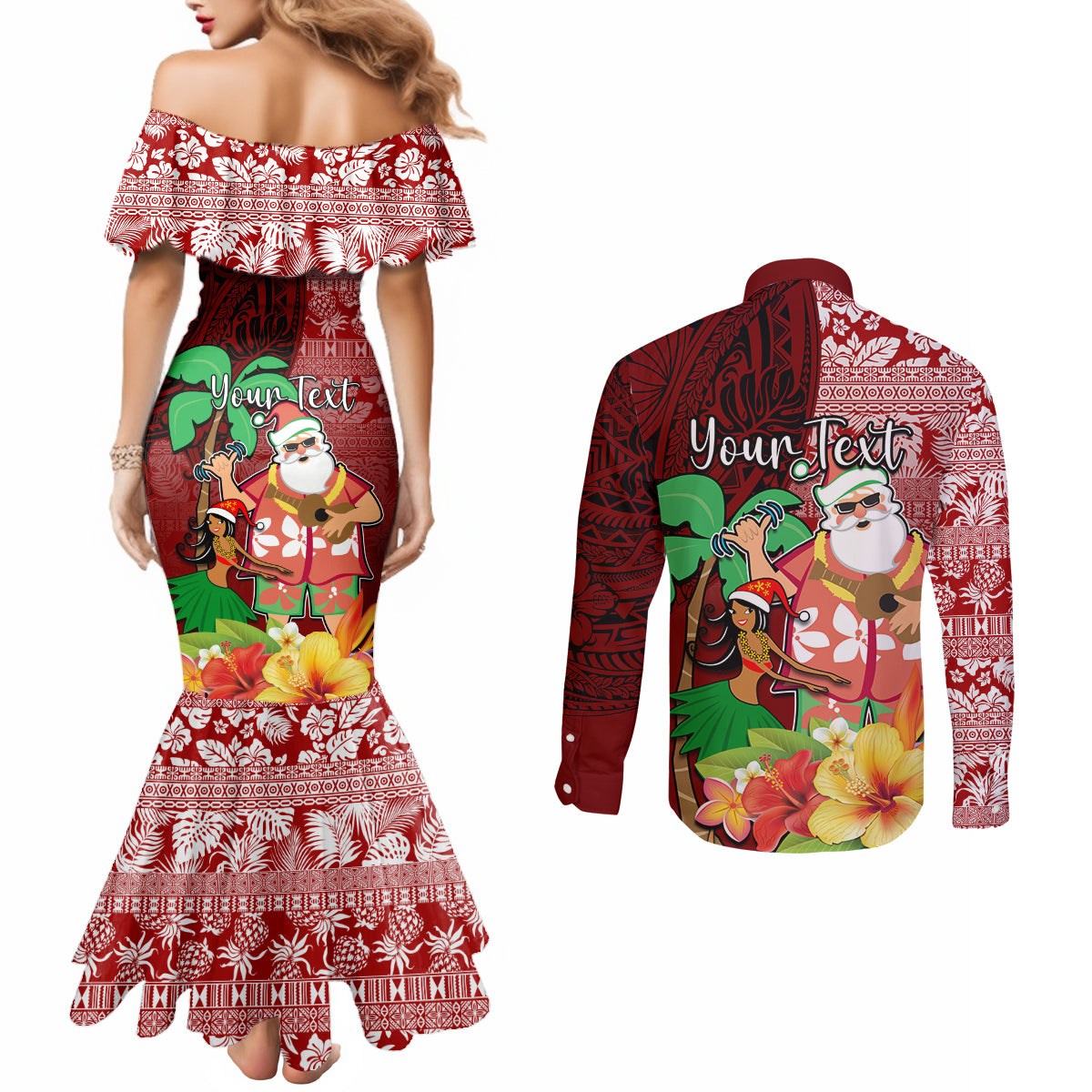 Custom Hawaii Mele Kalikimaka Couples Matching Mermaid Dress and Long Sleeve Button Shirt Santa Claus and Hula Girl Tropical Folwer with Hawaiian Pattern LT03 - Polynesian Pride