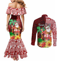 Custom Hawaii Mele Kalikimaka Couples Matching Mermaid Dress and Long Sleeve Button Shirt Santa Claus and Hula Girl Tropical Folwer with Hawaiian Pattern LT03 - Polynesian Pride
