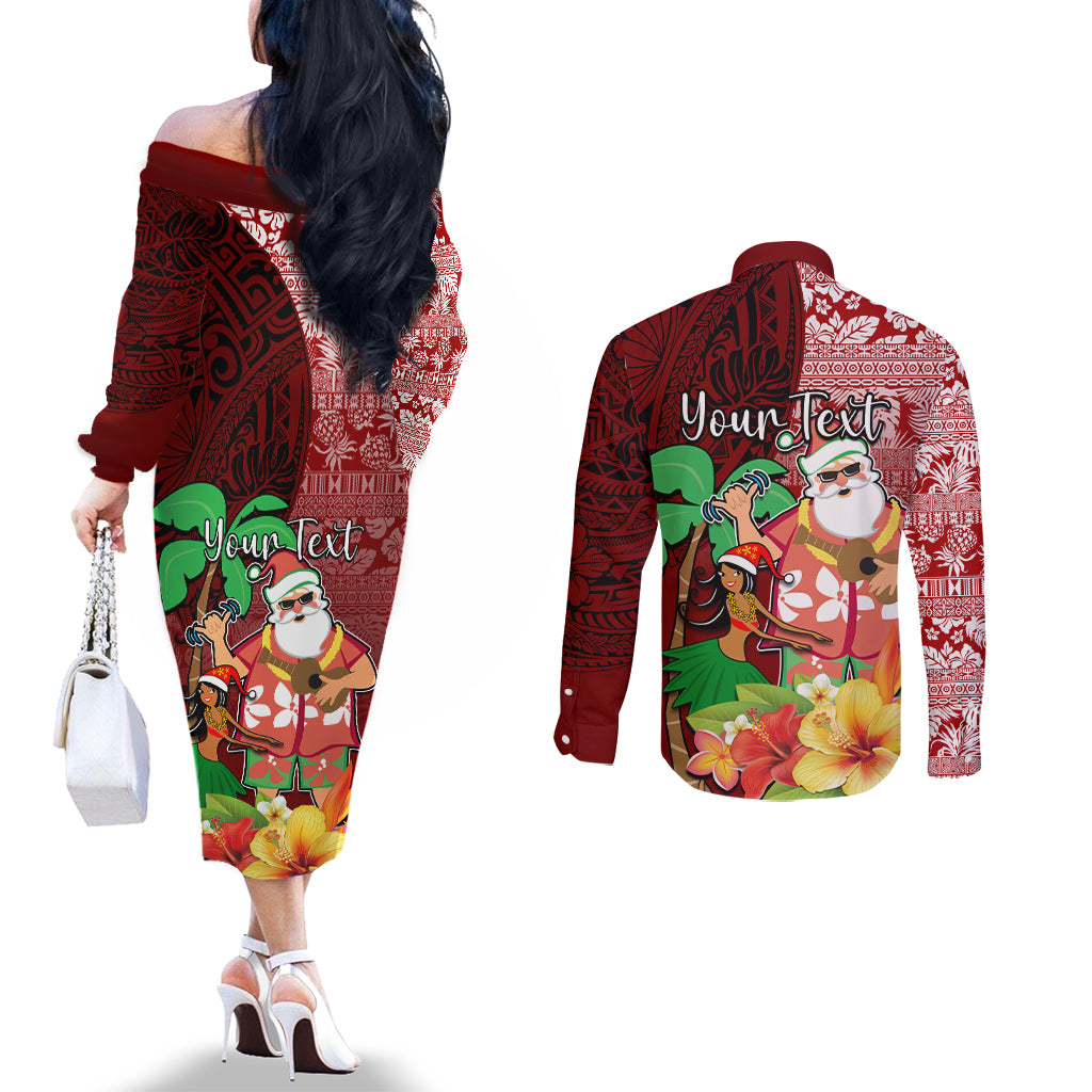Custom Hawaii Mele Kalikimaka Couples Matching Off The Shoulder Long Sleeve Dress and Long Sleeve Button Shirt Santa Claus and Hula Girl Tropical Folwer with Hawaiian Pattern LT03 - Polynesian Pride