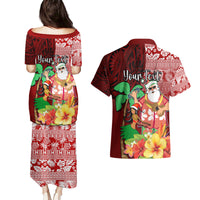 Custom Hawaii Mele Kalikimaka Couples Matching Puletasi Dress and Hawaiian Shirt Santa Claus and Hula Girl Tropical Folwer with Hawaiian Pattern LT03 - Polynesian Pride
