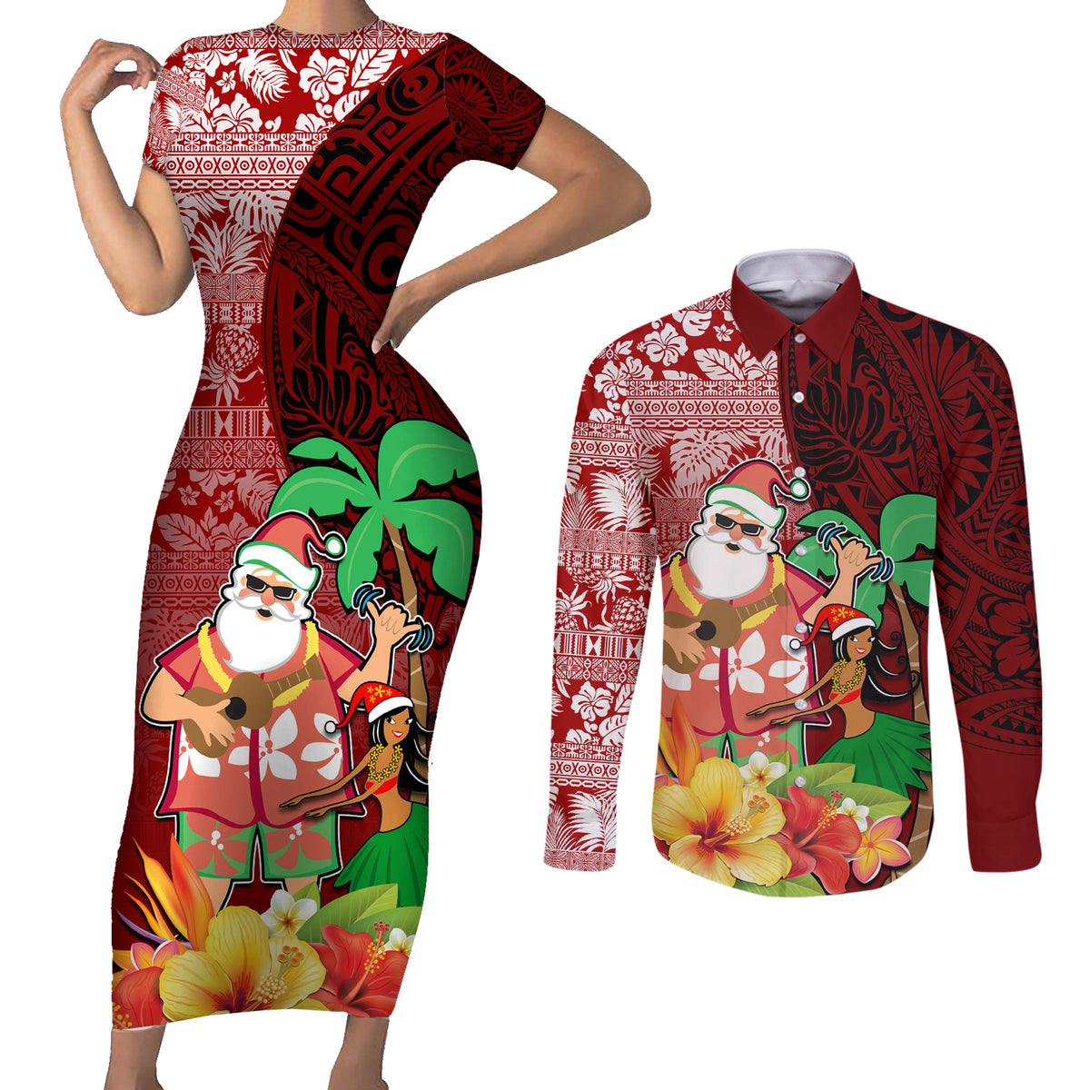 Custom Hawaii Mele Kalikimaka Couples Matching Short Sleeve Bodycon Dress and Long Sleeve Button Shirt Santa Claus and Hula Girl Tropical Folwer with Hawaiian Pattern LT03 Red - Polynesian Pride