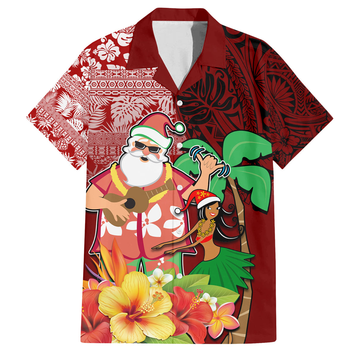 Custom Hawaii Mele Kalikimaka Family Matching Long Sleeve Bodycon Dress and Hawaiian Shirt Santa Claus and Hula Girl Tropical Folwer with Hawaiian Pattern LT03 Dad's Shirt - Short Sleeve Red - Polynesian Pride
