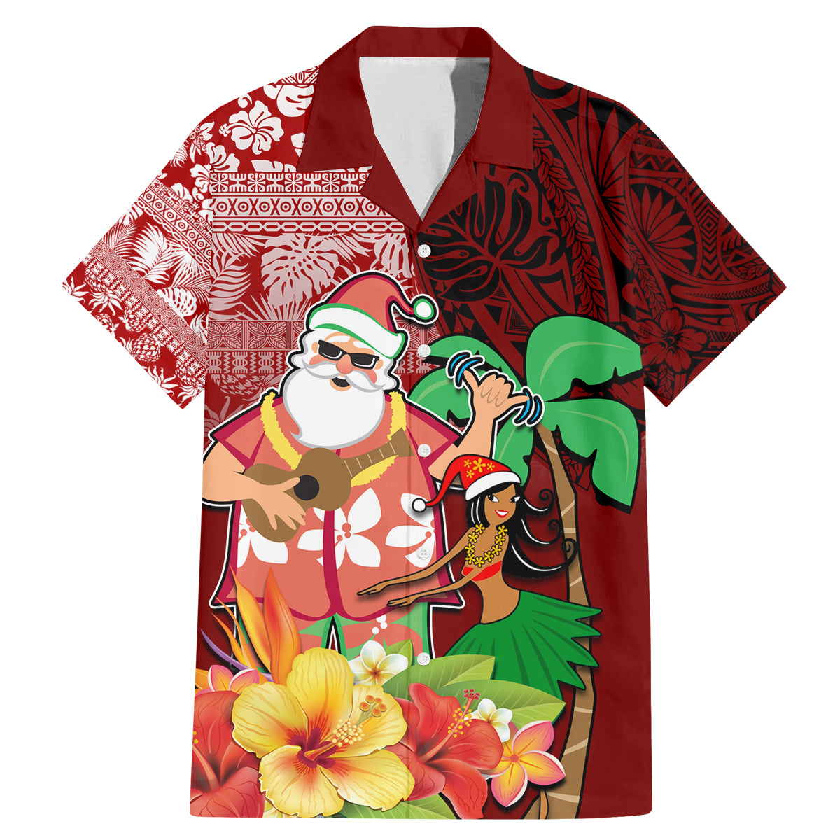 Custom Hawaii Mele Kalikimaka Family Matching Mermaid Dress and Hawaiian Shirt Santa Claus and Hula Girl Tropical Folwer with Hawaiian Pattern LT03 Dad's Shirt - Short Sleeve Red - Polynesian Pride