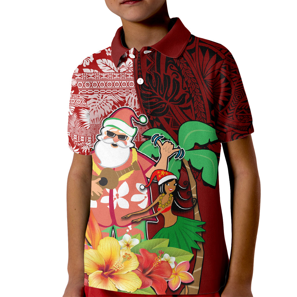 Custom Hawaii Mele Kalikimaka Kid Polo Shirt Santa Claus and Hula Girl Tropical Folwer with Hawaiian Pattern LT03 Kid Red - Polynesian Pride