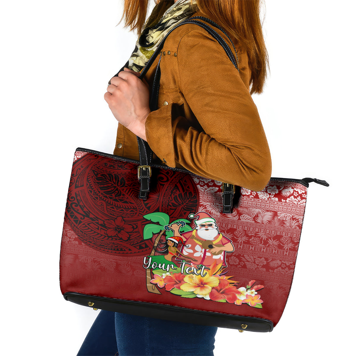 Custom Hawaii Mele Kalikimaka Leather Tote Bag Santa Claus and Hula Girl Tropical Folwer with Hawaiian Pattern LT03 Red - Polynesian Pride