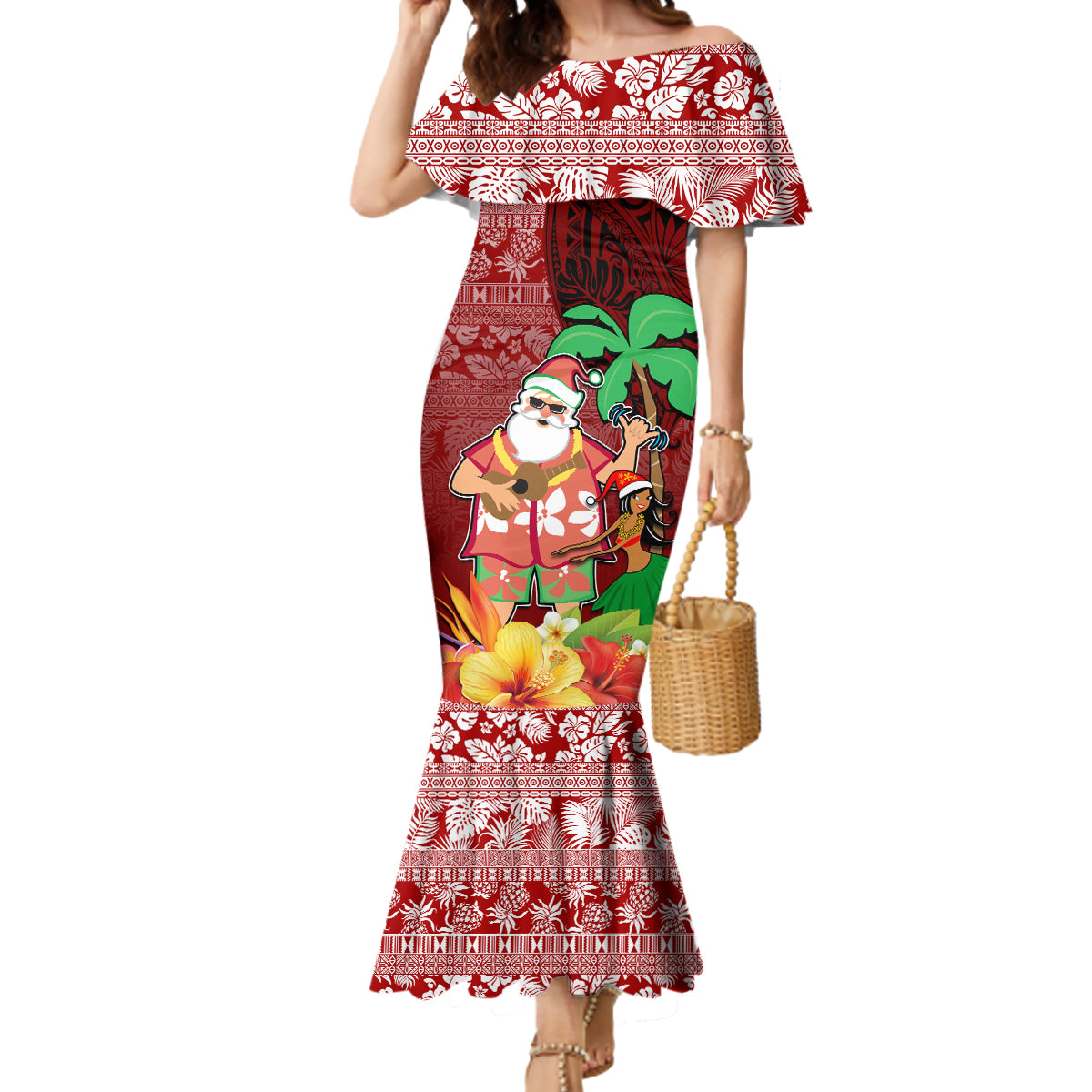 Custom Hawaii Mele Kalikimaka Mermaid Dress Santa Claus and Hula Girl Tropical Folwer with Hawaiian Pattern LT03 Women Red - Polynesian Pride