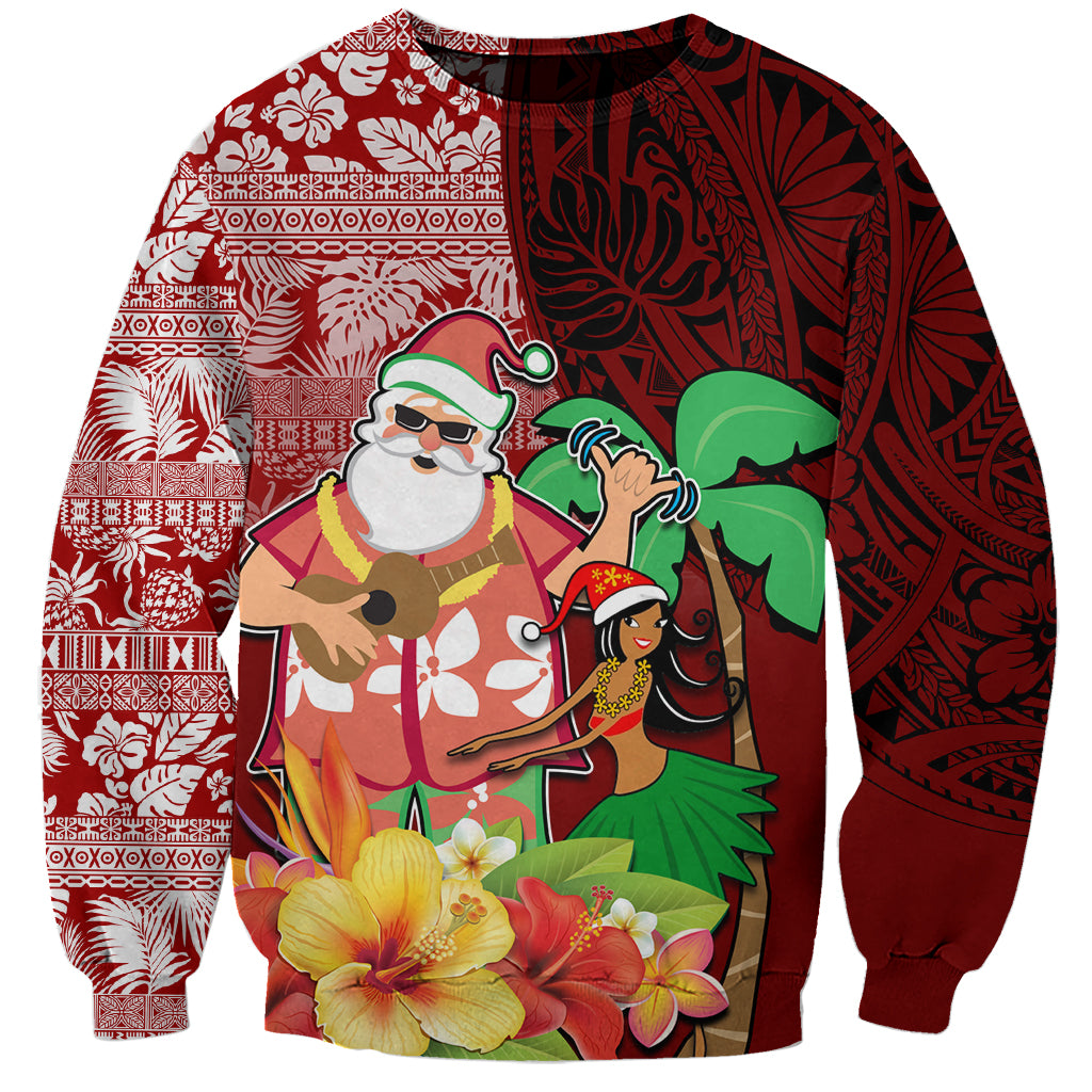 Custom Hawaii Mele Kalikimaka Sweatshirt Santa Claus and Hula Girl Tropical Folwer with Hawaiian Pattern LT03 Unisex Red - Polynesian Pride