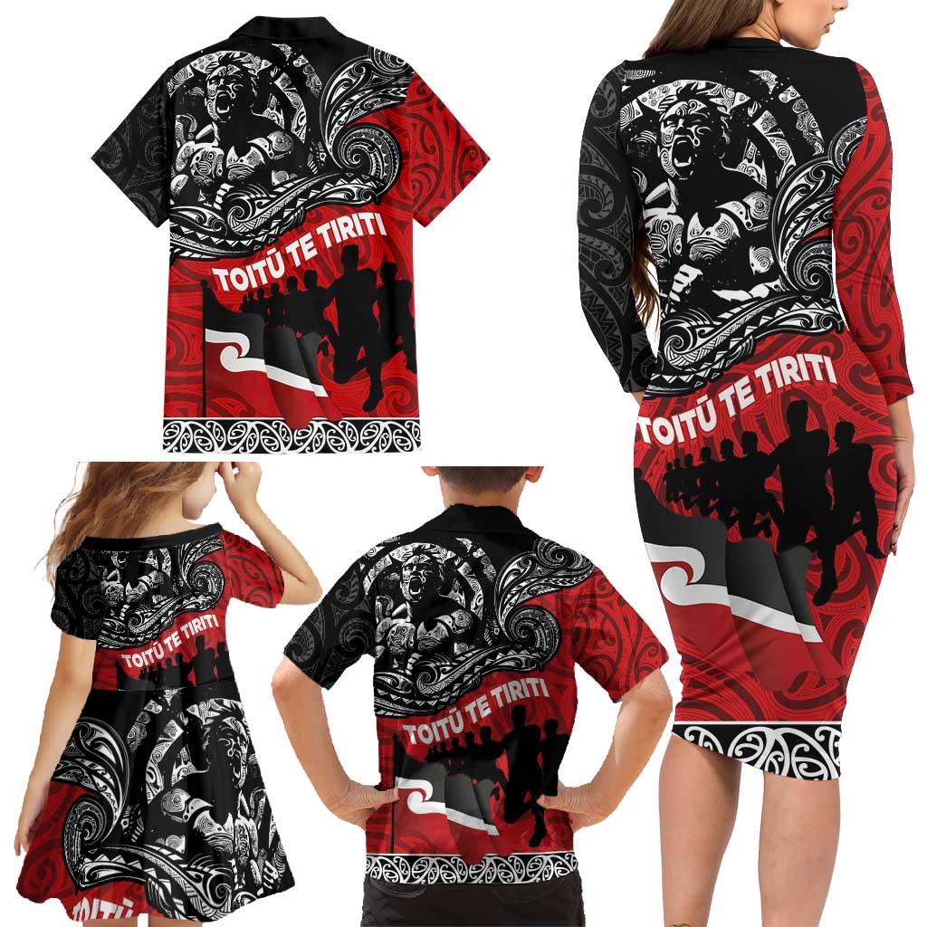Aotearoa Toitu Te Tiriti Family Matching Long Sleeve Bodycon Dress and Hawaiian Shirt Honoring Te Tiriti o Waitangi Maori Haka LT03 - Polynesian Pride