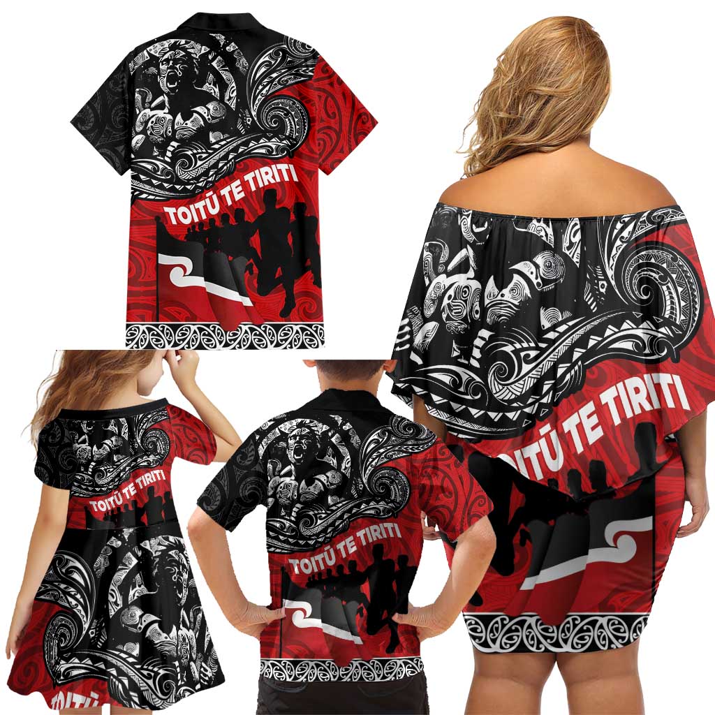Aotearoa Toitu Te Tiriti Family Matching Off Shoulder Short Dress and Hawaiian Shirt Honoring Te Tiriti o Waitangi Maori Haka LT03 - Polynesian Pride