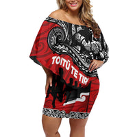Aotearoa Toitu Te Tiriti Family Matching Off Shoulder Short Dress and Hawaiian Shirt Honoring Te Tiriti o Waitangi Maori Haka LT03 Mom's Dress Red - Polynesian Pride