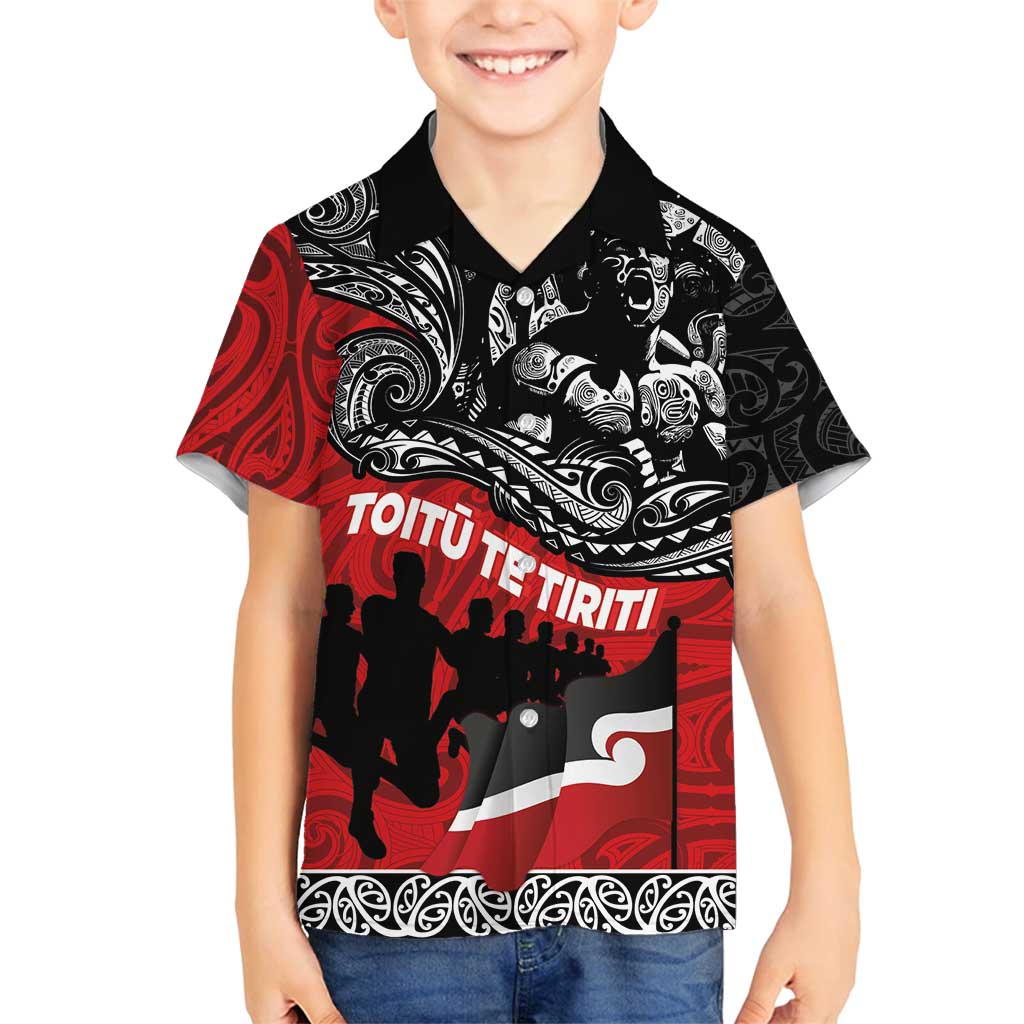 Aotearoa Toitu Te Tiriti Family Matching Off Shoulder Short Dress and Hawaiian Shirt Honoring Te Tiriti o Waitangi Maori Haka LT03 Son's Shirt Red - Polynesian Pride