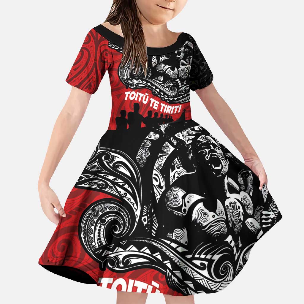Aotearoa Toitu Te Tiriti Family Matching Short Sleeve Bodycon Dress and Hawaiian Shirt Honoring Te Tiriti o Waitangi Maori Haka LT03 Daughter's Dress Red - Polynesian Pride