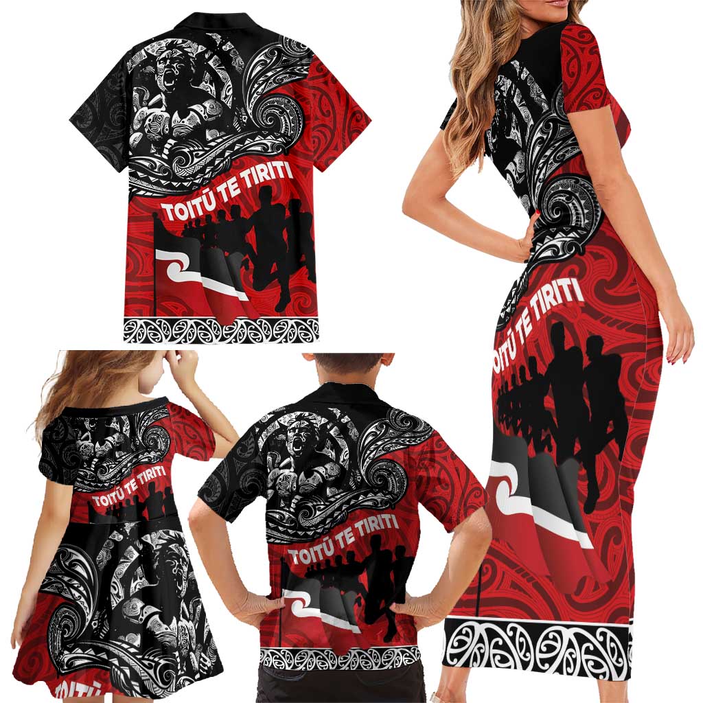 Aotearoa Toitu Te Tiriti Family Matching Short Sleeve Bodycon Dress and Hawaiian Shirt Honoring Te Tiriti o Waitangi Maori Haka LT03 - Polynesian Pride