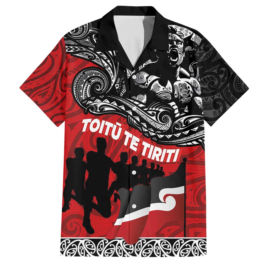 Aotearoa Toitu Te Tiriti Family Matching Short Sleeve Bodycon Dress and Hawaiian Shirt Honoring Te Tiriti o Waitangi Maori Haka LT03 Dad's Shirt - Short Sleeve Red - Polynesian Pride