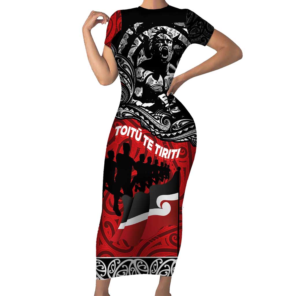 Aotearoa Toitu Te Tiriti Short Sleeve Bodycon Dress Honoring Te Tiriti o Waitangi Maori Haka