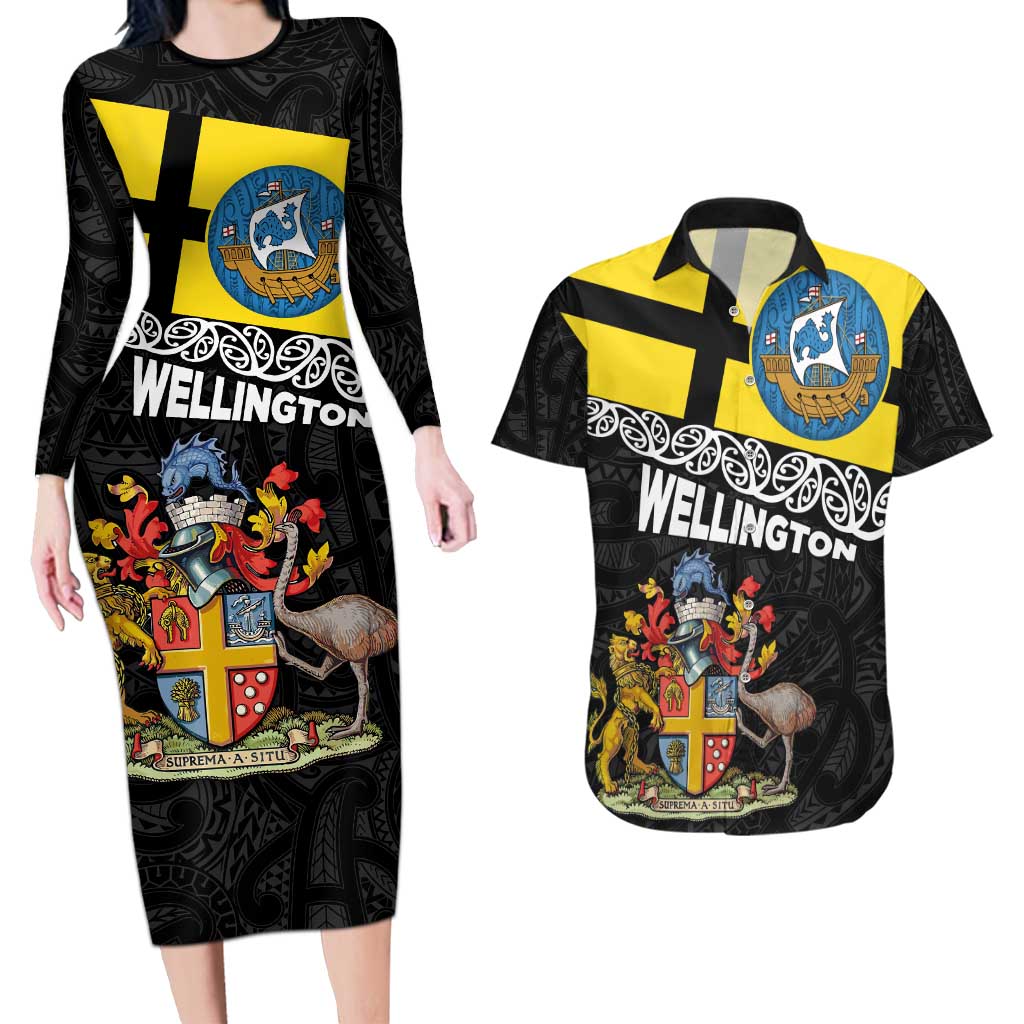 New Zealand Wellington Couples Matching Long Sleeve Bodycon Dress and Hawaiian Shirt The Capital's Emblems Flag and Koru Art