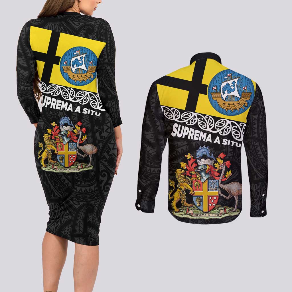 New Zealand Wellington Couples Matching Long Sleeve Bodycon Dress and Long Sleeve Button Shirt The Capital's Emblems Flag and Koru Art