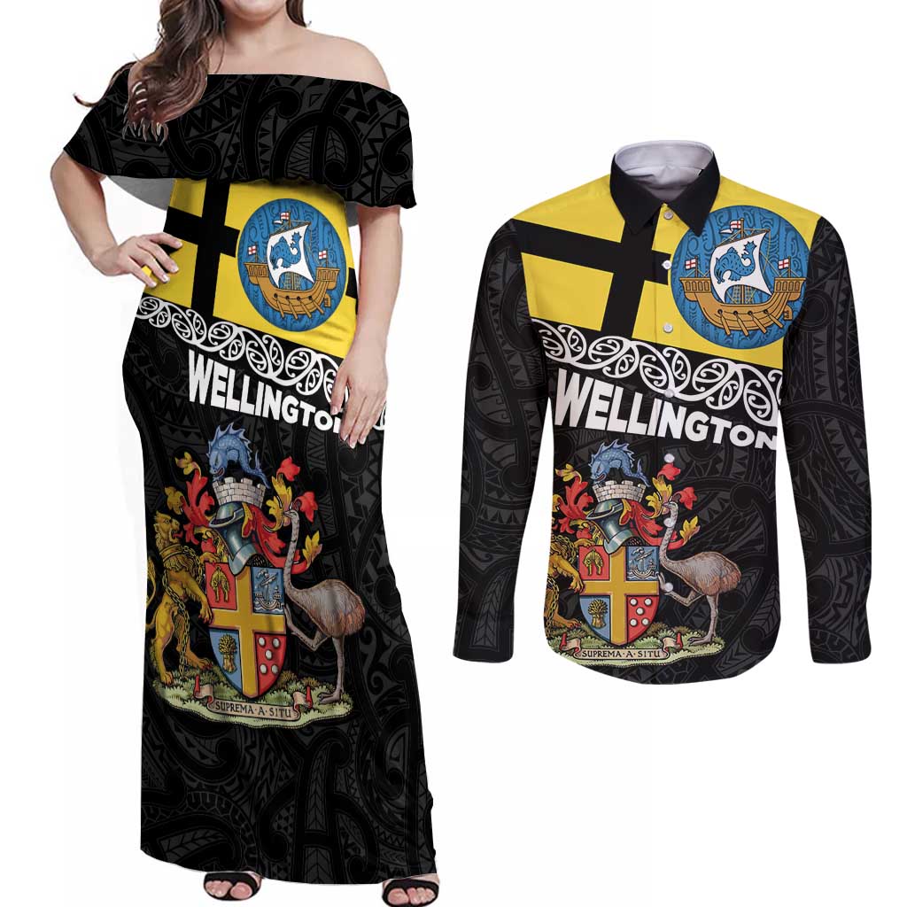 New Zealand Wellington Couples Matching Off Shoulder Maxi Dress and Long Sleeve Button Shirt The Capital's Emblems Flag and Koru Art
