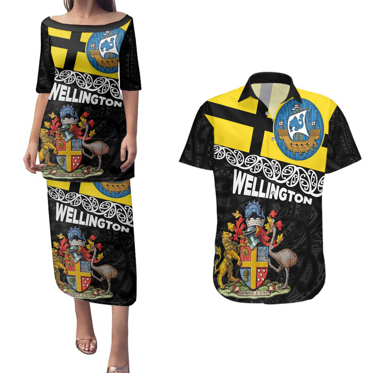 New Zealand Wellington Couples Matching Puletasi and Hawaiian Shirt The Capital's Emblems Flag and Koru Art