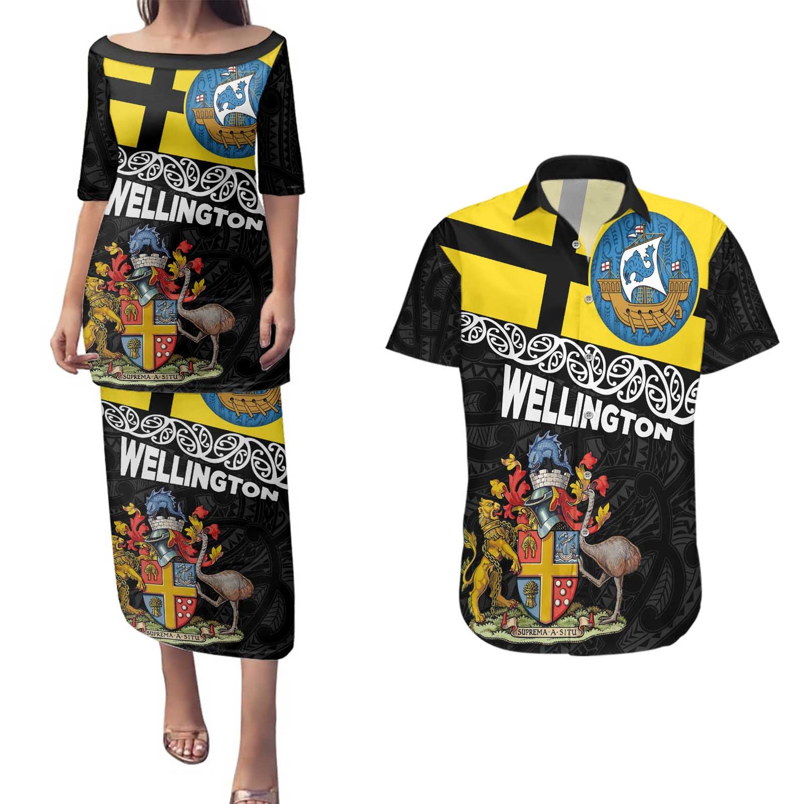 New Zealand Wellington Couples Matching Puletasi and Hawaiian Shirt The Capital's Emblems Flag and Koru Art