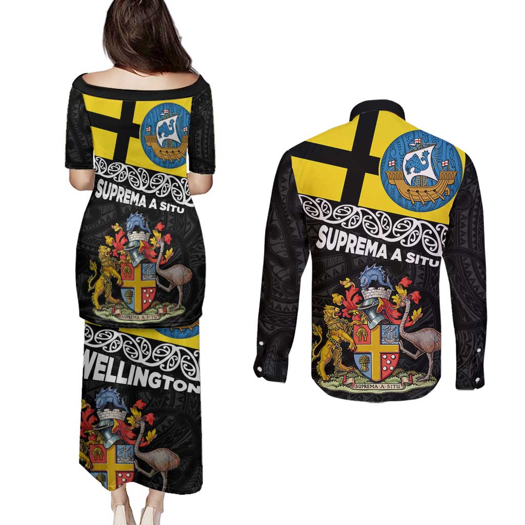 New Zealand Wellington Couples Matching Puletasi and Long Sleeve Button Shirt The Capital's Emblems Flag and Koru Art