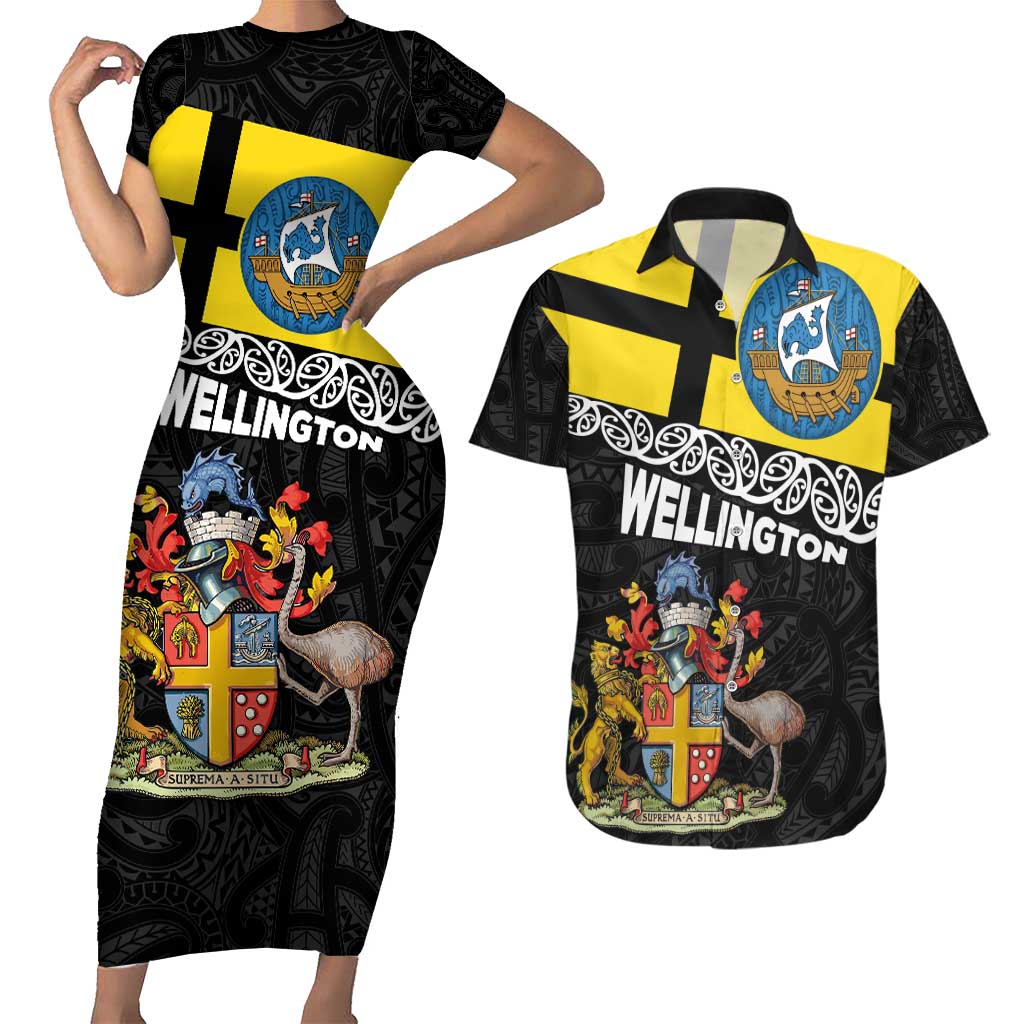 New Zealand Wellington Couples Matching Short Sleeve Bodycon Dress and Hawaiian Shirt The Capital's Emblems Flag and Koru Art