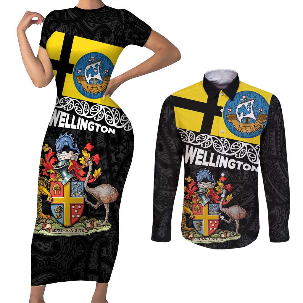 New Zealand Wellington Couples Matching Short Sleeve Bodycon Dress and Long Sleeve Button Shirt The Capital's Emblems Flag and Koru Art