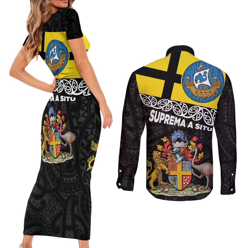 New Zealand Wellington Couples Matching Short Sleeve Bodycon Dress and Long Sleeve Button Shirt The Capital's Emblems Flag and Koru Art