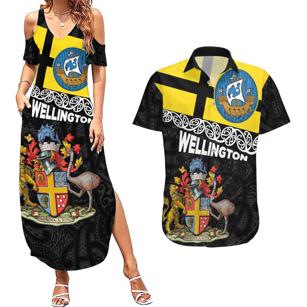 New Zealand Wellington Couples Matching Summer Maxi Dress and Hawaiian Shirt The Capital's Emblems Flag and Koru Art