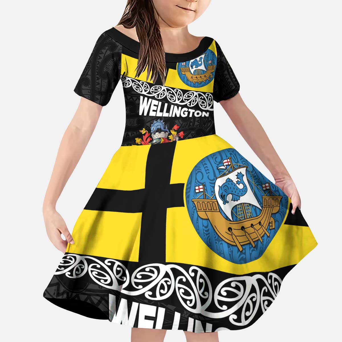New Zealand Wellington Kid Short Sleeve Dress The Capital's Emblems Flag and Koru Art LT03 KID Black - Polynesian Pride