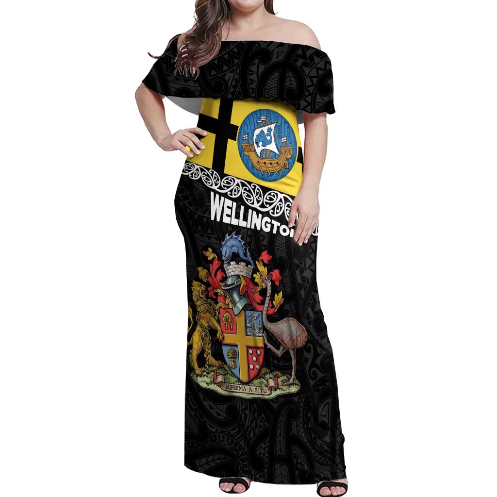 New Zealand Wellington Off Shoulder Maxi Dress The Capital's Emblems Flag and Koru Art LT03 Women Black - Polynesian Pride