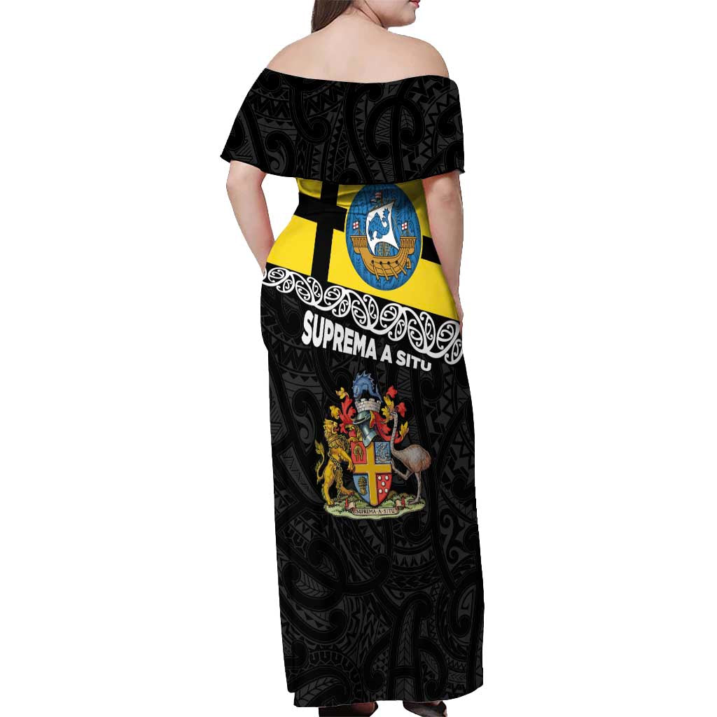 New Zealand Wellington Off Shoulder Maxi Dress The Capital's Emblems Flag and Koru Art LT03 - Polynesian Pride