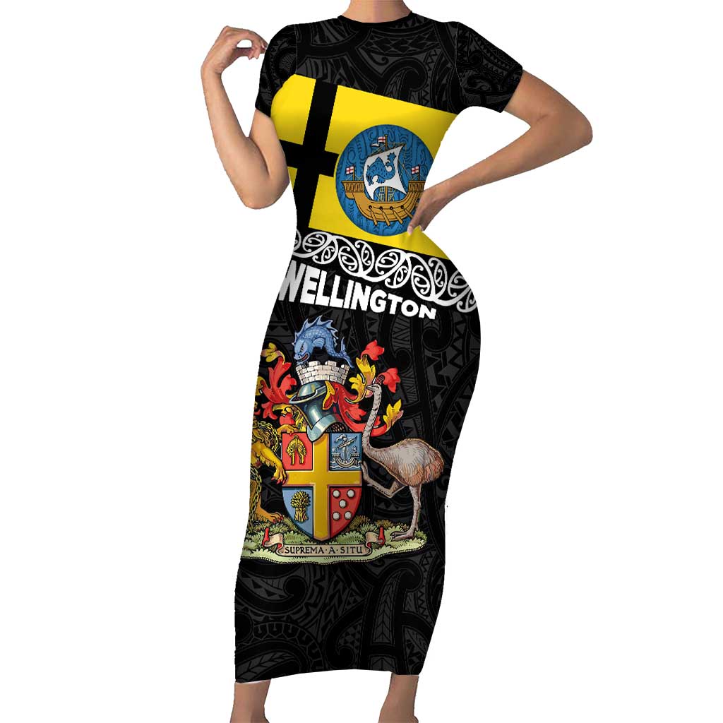 New Zealand Wellington Short Sleeve Bodycon Dress The Capital's Emblems Flag and Koru Art