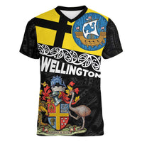 New Zealand Wellington Women V-Neck T-Shirt The Capital's Emblems Flag and Koru Art LT03 Female Black - Polynesian Pride