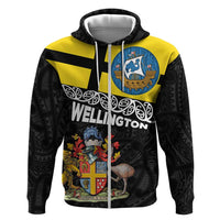 New Zealand Wellington Zip Hoodie The Capital's Emblems Flag and Koru Art LT03 Zip Hoodie Black - Polynesian Pride