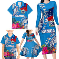 Personalised Samoa Coat Of Arms Family Matching Long Sleeve Bodycon Dress and Hawaiian Shirt Tropical Flower Blue Polynesian Pattern LT03 - Polynesian Pride