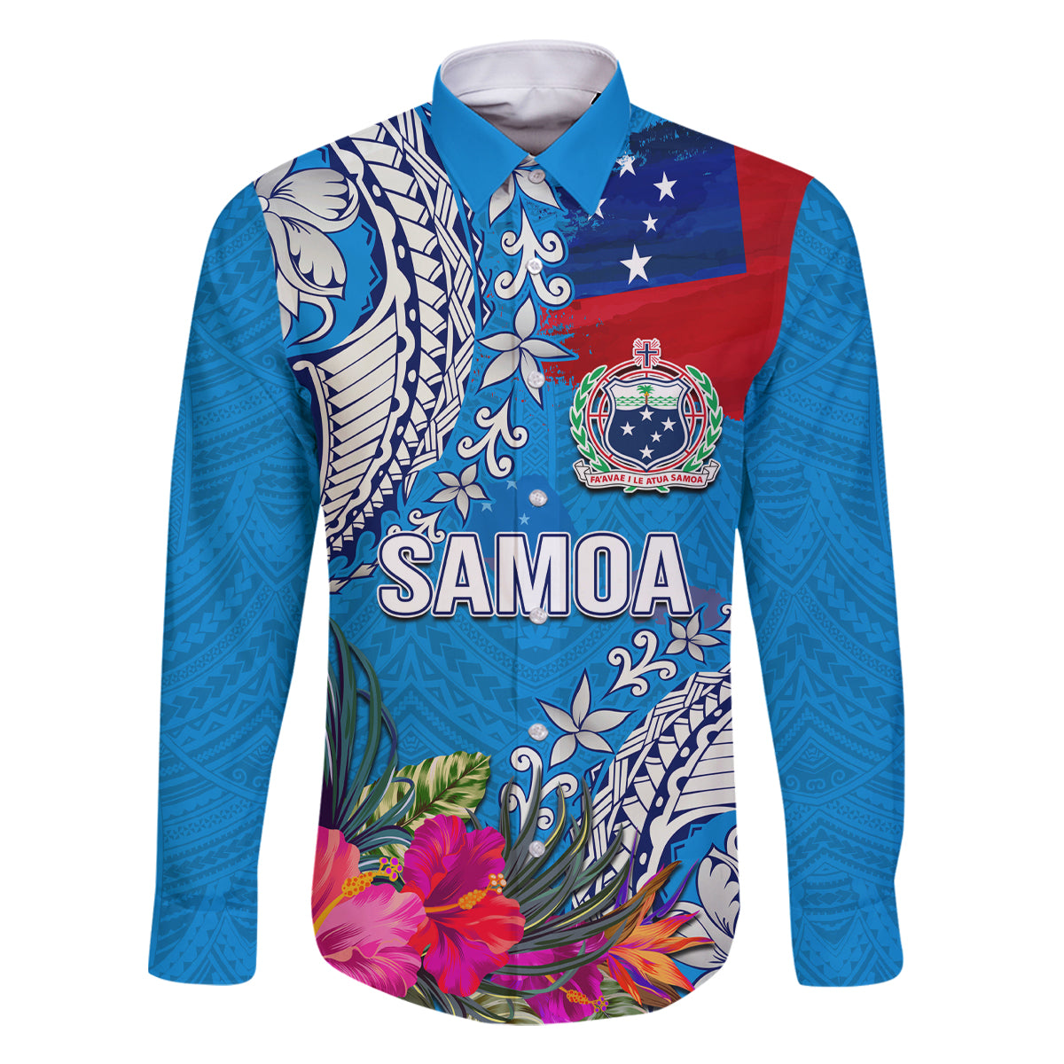 Personalised Samoa Coat Of Arms Family Matching Off Shoulder Maxi Dress and Hawaiian Shirt Tropical Flower Blue Polynesian Pattern LT03 Dad's Shirt - Long Sleeve Blue - Polynesian Pride