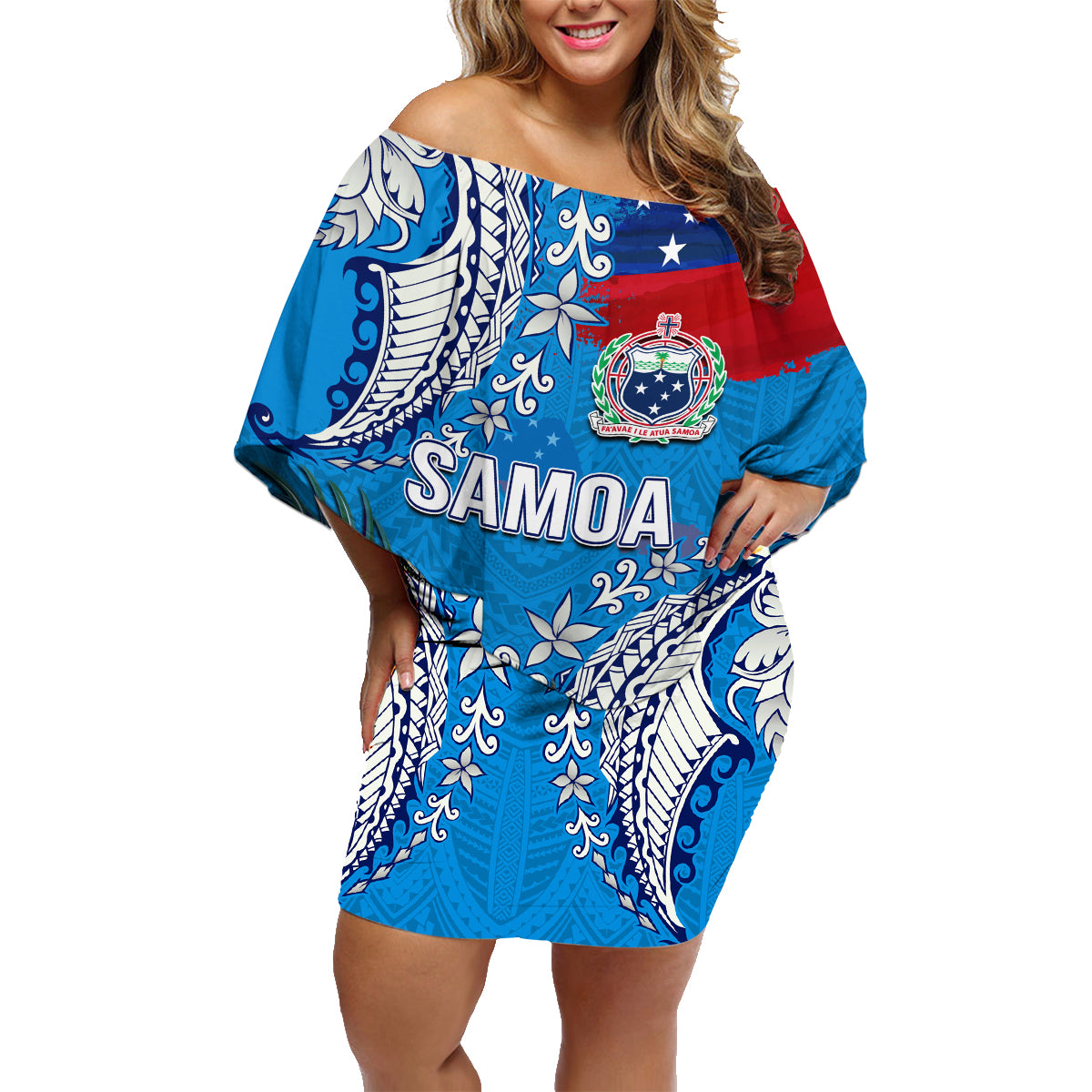 Personalised Samoa Coat Of Arms Family Matching Off Shoulder Short Dress and Hawaiian Shirt Tropical Flower Blue Polynesian Pattern LT03 Mom's Dress Blue - Polynesian Pride