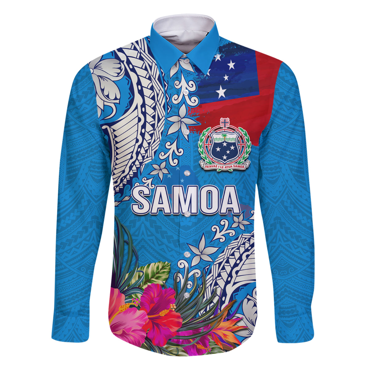 Personalised Samoa Coat Of Arms Family Matching Short Sleeve Bodycon Dress and Hawaiian Shirt Tropical Flower Blue Polynesian Pattern LT03 Dad's Shirt - Long Sleeve Blue - Polynesian Pride