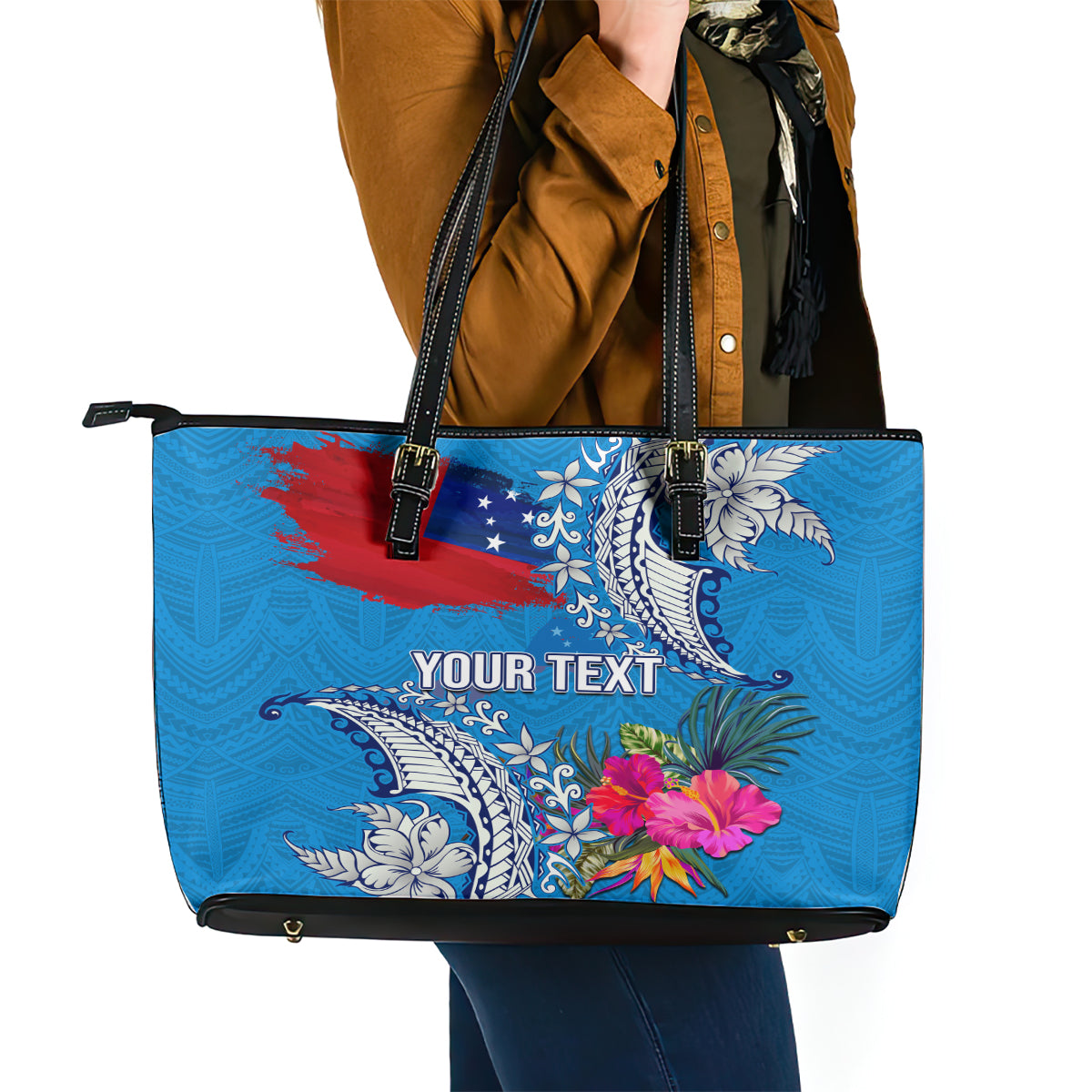 Personalised Samoa Coat Of Arms Leather Tote Bag Tropical Flower Blue Polynesian Pattern LT03 - Polynesian Pride